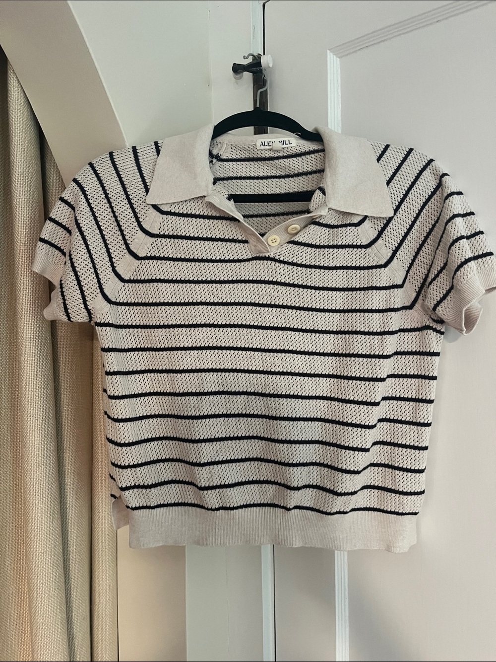Alex Mill Striped Knit Polo Top in Cream and Black